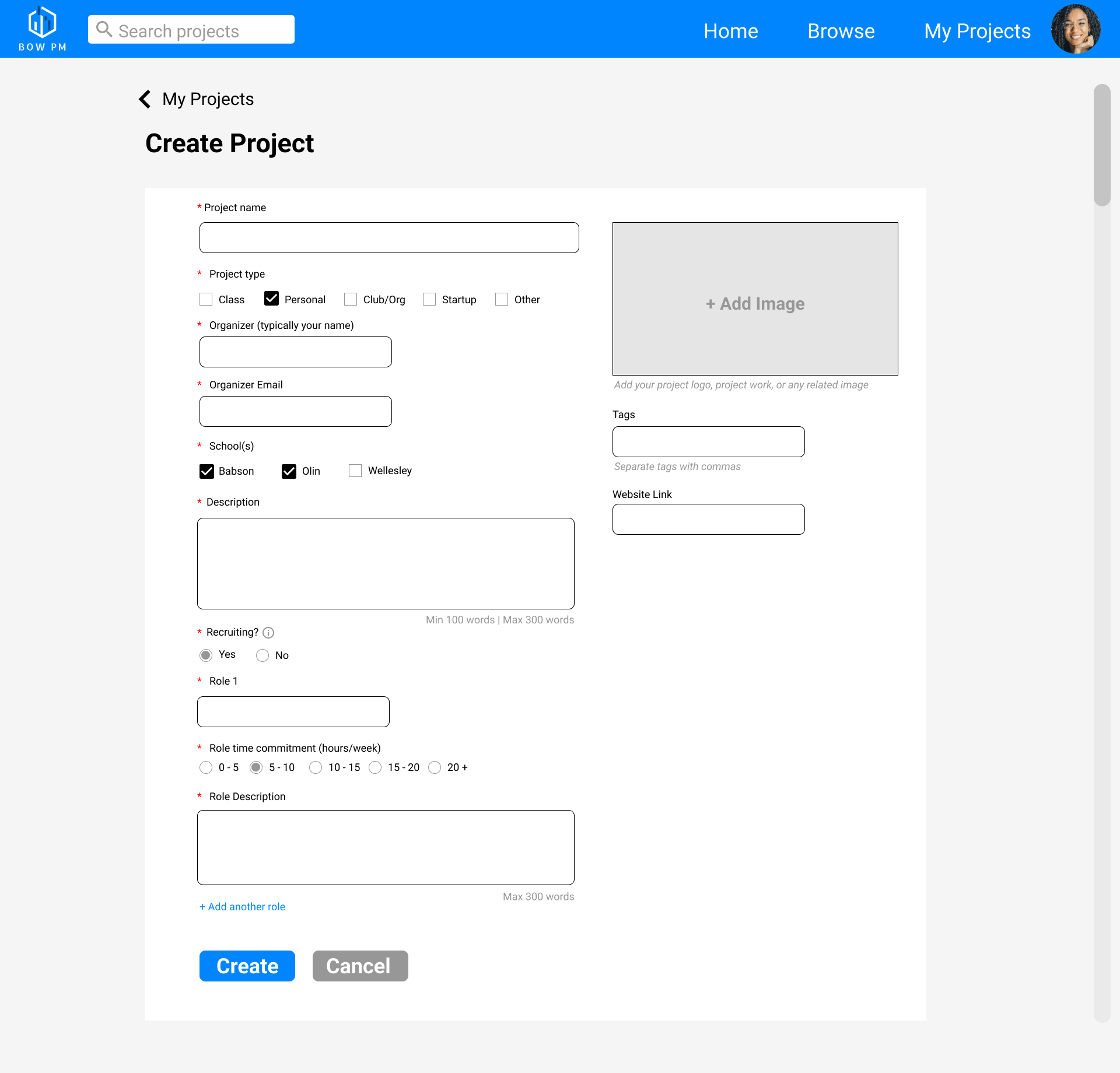 Screen grab of the create project page Figma mockup